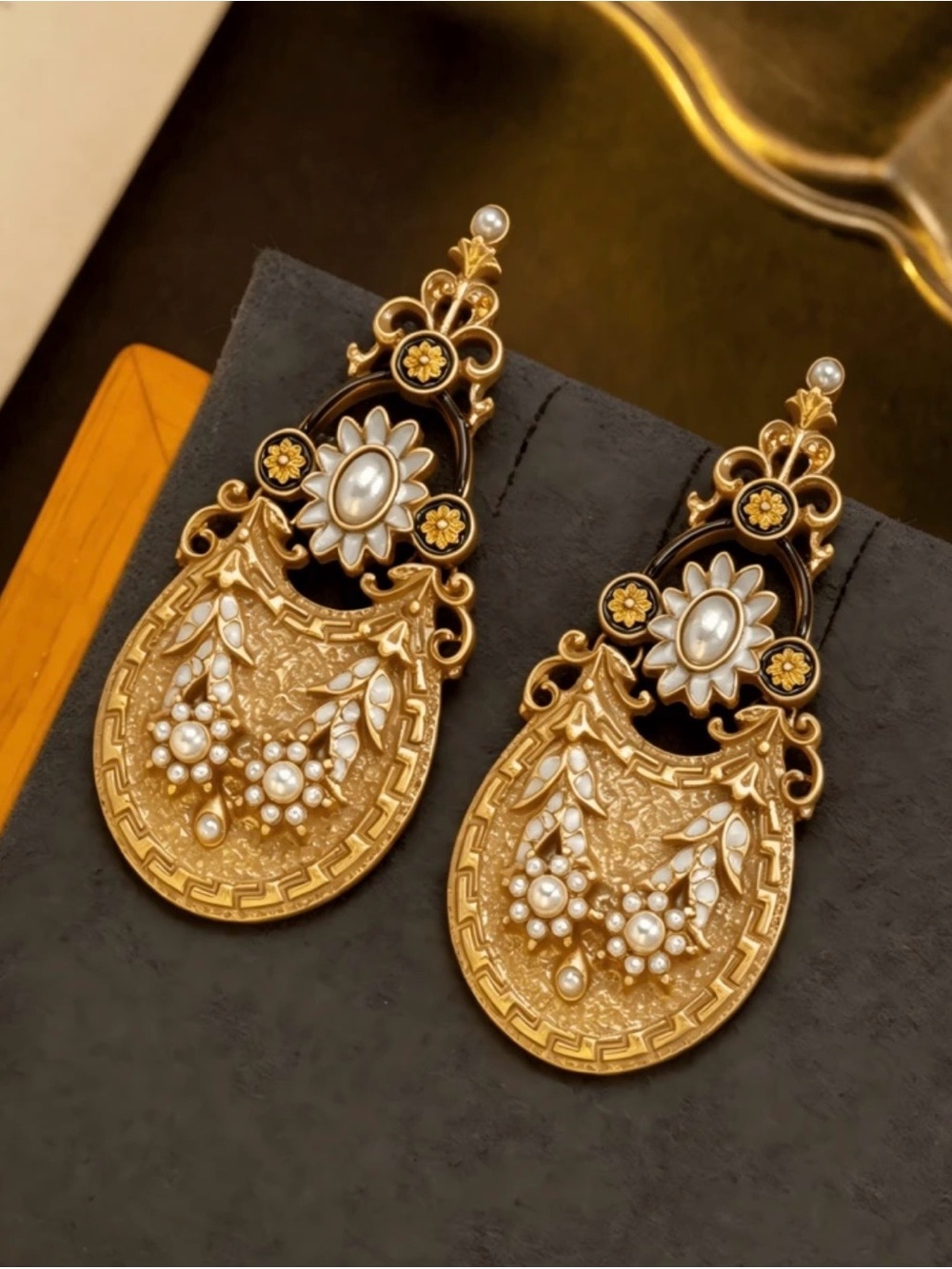 Gold and White Ornate Pearl Drop Earrings - Vintage style Jewelry